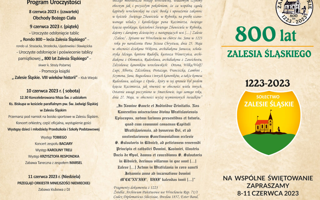 Ulotka informacyjna na 800-lecie Zalesia Śląskiego